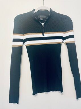INC International Concepts Black Stripe Half-Zip Ribbed Sweater